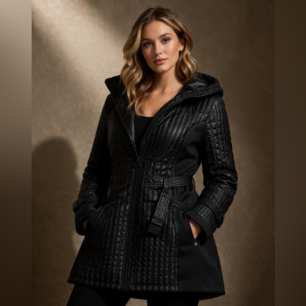 Michael Kors Black Quilted Belted Hooded Jacket Size M